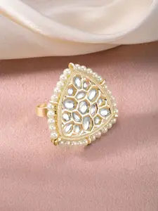 Peora Gold-Plated Kundan Studded & Beaded Adjustable Finger Ring