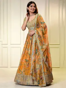 FABPIXEL Embroidered Organza Semi-Stitched Lehenga & Unstitched Blouse With Dupatta