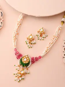 DASTOOR Gold-Plated Stone-Studded & Beaded Necklace & Earrings