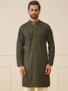 Jompers Men Geometric Embroidered Mandarin Collar Cotton Kurta