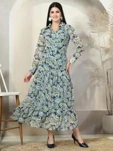 plusS Women Floral Printed Shirt Collar Maxi Dress