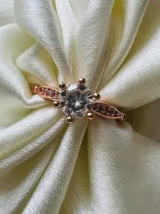 Arte Jewels 925 Sterling Silver Rose Gold-Plated AD Stone-Studded Finger Ring