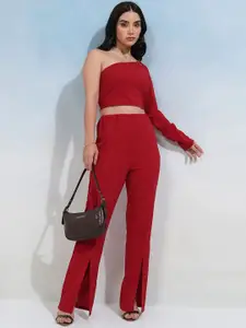 Tokyo Talkies Red One Shoulder Knitted Top With Trousers