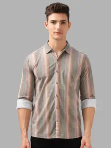 BULLMER Men Spread Collar Vertical Striped Cotton Casual Shirt