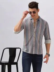BULLMER Men Spread Collar Vertical Striped Cotton Casual Shirt