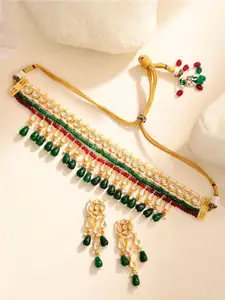 DASTOOR Gold-Plated Stone-Studded & Beaded Necklace & Earrings