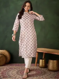 Sangria Floral Printed Mandarin Collar Cotton Straight Kurta