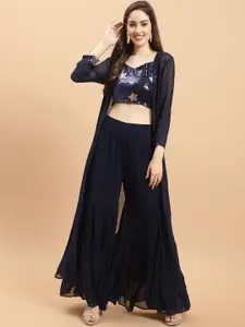 Purple State Embellished Sequinned Crop Top with Sharara & Jacket