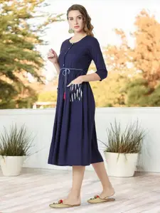 all about you Women Round Neck Belted Solid Gathe Midi Dress