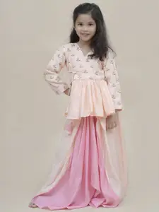 Sangria Girls Pure Cotton Angrakha Top With Work Details & Draped Style Skirt