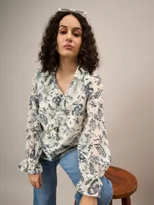 The Roadster Lifestyle Co. Ruffled Floral Printed Shirt Style Top