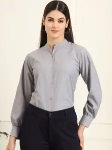 FITHUB Women Comfort Band Collar Solid Polycotton Slim Fit Formal Shirt