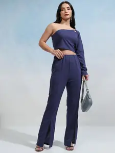 Tokyo Talkies Navy Blue One Shoulder Knitted Top With Trousers