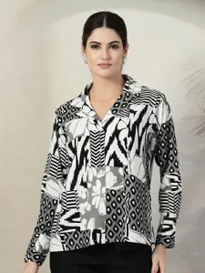 plusS Women Standard Cuban Collar Geometric Printed Casual Shirt