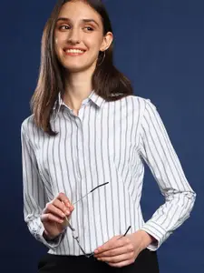 English Navy Women Wrinkle Free Vertical Striped Formal Shirt