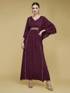 all about you Women V-Neck Three-Quarter Sleeves Solid Viscose Rayon Maxi Kaftan Dress