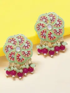 OOMPH Artificial Stones Studded and Beaded Floral Meenakari Drop Earrings
