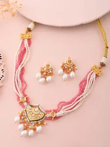 DASTOOR Gold-Plated Stone-Studded & Beaded Necklace & Earrings