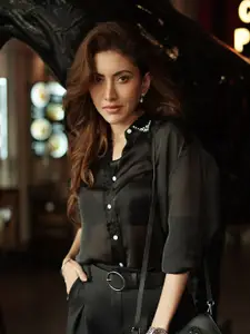 Gazillion Women Original Spread Collar Solid Relaxed Fit Casual Shirt