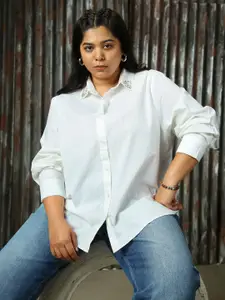 Freeform by High Star Women Plus Size Embelished Solid Cotton Oversized Casual Shirt