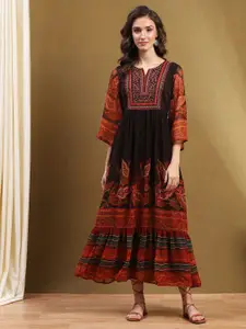 Biba Women Printed Mandarin Collar Regular Sleeves Fit and Flare Maxi Dress