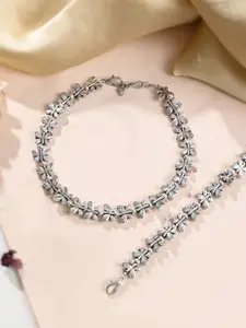 Silvermerc Designs Set Of 2 Silver-Plated Stone Studded & Beaded Anklets