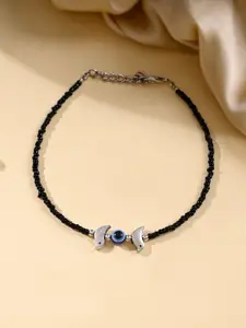 Silvermerc Designs Silver-Plated Stone Studded & Beaded Evil Eye Single Anklet