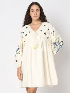 Vero Moda Women Solid Floral Embroidered Bishop Sleeve Empire Dress