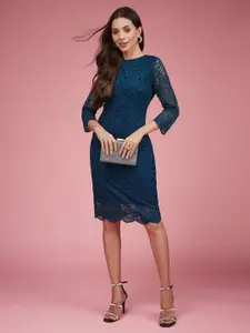 DressBerry Women Round Neck 3/4 Sleeves Floral Lace Overlaid Knee-Long Bodycon Dress