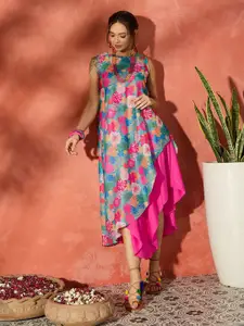 InWeave Floral Printed Chanderi A-Line Midi Dress