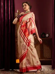 Saree mall Off White Ethnic Printed Durga Puja Saree