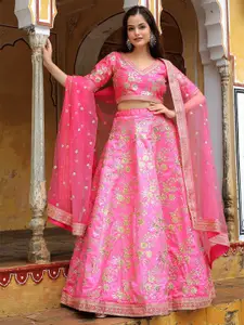FABPIXEL Embroidered Sequinned Semi-Stitched Lehenga & Unstitched Blouse With Dupatta