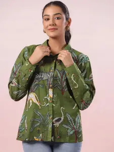 LYFJ Women New Spread Collar Abstract Printed Cotton Casual Shirt