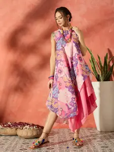 InWeave Floral Printed Chanderi A-Line Midi Dress