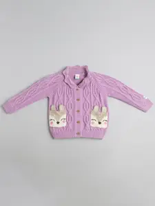 Ed-a-Mamma Baby Girls Cotton Self Design Printed Front-Open Sweater