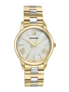 Sonata Women Brass Printed Dial & Stainless Steel Bracelet Style Straps Analogue Watch 87061BM01W
