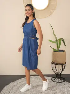 StyleStone Solid Denim Fit & Flare Cotton Dress