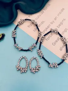 Sangria Set Of 2 Silver-Plated Beaded Anklets With Toe Rings