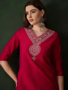 Sangria Women V-Neck Embroidered Pure Cotton Kurtas