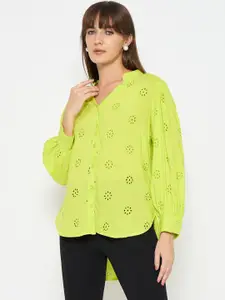 Ruhaans Women Classic Mandarin Collar Textured Casual Shirt