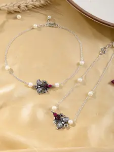 Silvermerc Designs Set Of 2 Silver-Plated Stone Studded & Beaded Anklets