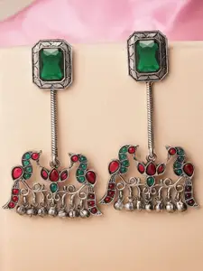 KARATCART Silver-Plated Oxidised Peacock Design Kundan Stones Drop Earrings
