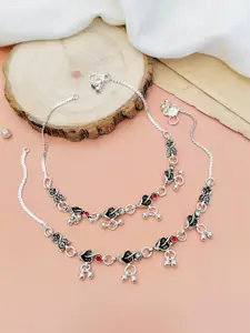 ABDESIGNS Set Of 2 Silver-Plated Stone Studded & Beaded Anklets