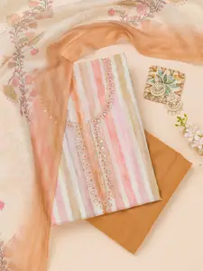 Koskii Striped Beads and Stones Unstitched Dress Material