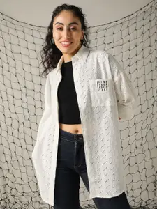 Hubberholme WomenOversized Fit Spread Collar Shiffli Cotton Casual Shirt