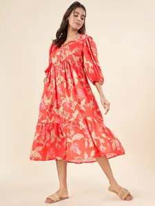 AKKRITI BY PANTALOONS Women Abstract Printed Puff Sleeves A-Line Midi Dress