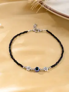 Silvermerc Designs Silver-Plated Stone Studded & Beaded Evil Eye Single Anklet