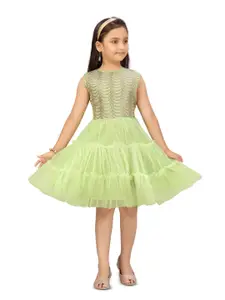 BAESD Girl Solid Self Design Round Neck Sleeveless Gathered or Pleated Fit & Flare Dress