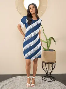 StyleStone Women Solid Cotton Fringed Denim Fit & Flare Dress