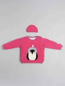 Ed-a-Mamma Baby Girls Printed Self Design Pullover With Beanie